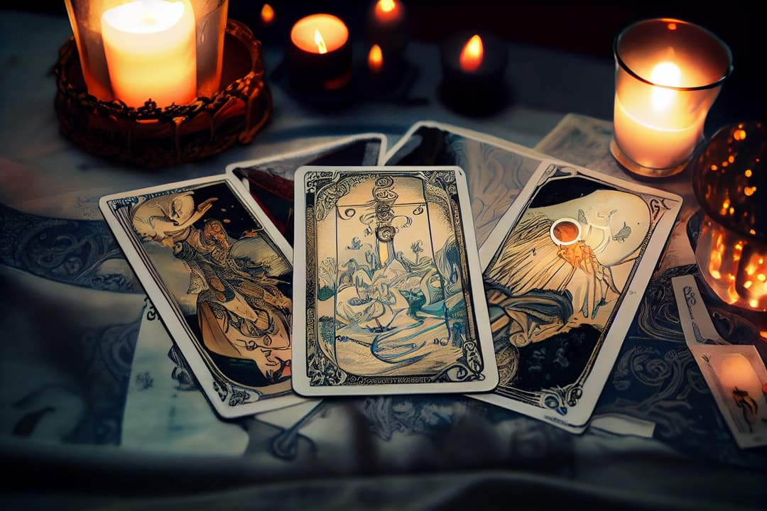 Tarot cards spread out on a table, surrounded by lit candles
